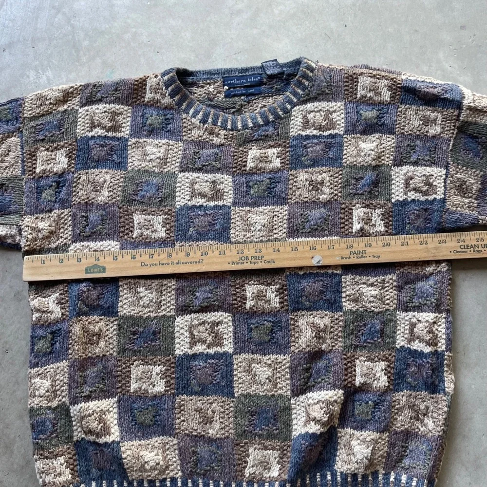 Northern Isles Vintage Hand Knitted Patchwork Sweater Blue Brown Tan Womens M - Picture 4 of 6